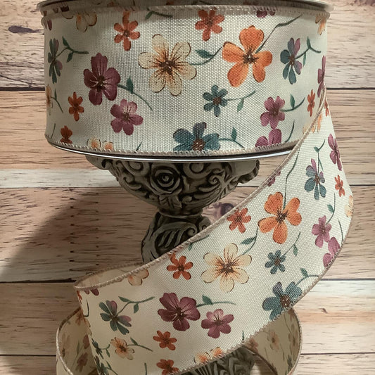 2.5" x 5 Yards Cream Ribbon With Mulit-colored Wildflowers - Wired Ribbon - Spring Flowers - Ribbon For Bows, Wreaths And Home Decor