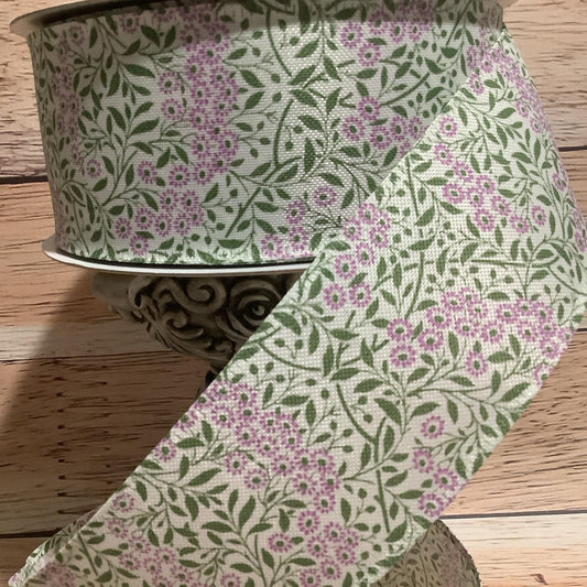 2.5" x 5 Yards Spring Floral Print Wired Ribbon - Lavender And Green - Ribbon For Bows, Wreaths And Home Decor