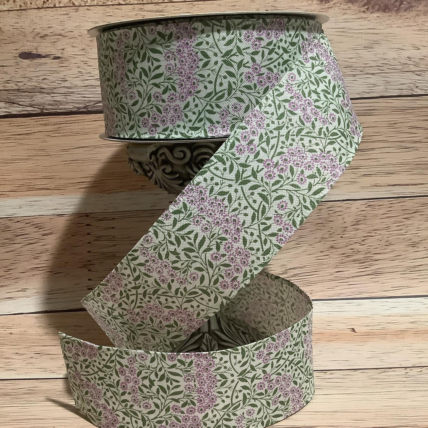 2.5" x 5 Yards Spring Floral Print Wired Ribbon - Lavender And Green - Ribbon For Bows, Wreaths And Home Decor