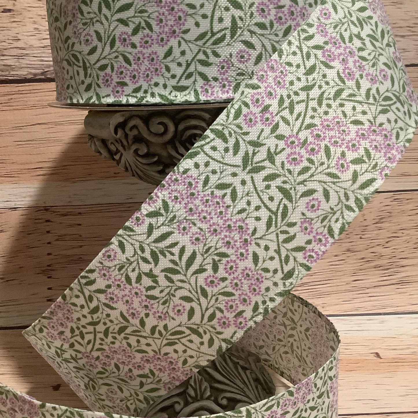 2.5" x 5 Yards Spring Floral Print Wired Ribbon - Lavender And Green - Ribbon For Bows, Wreaths And Home Decor