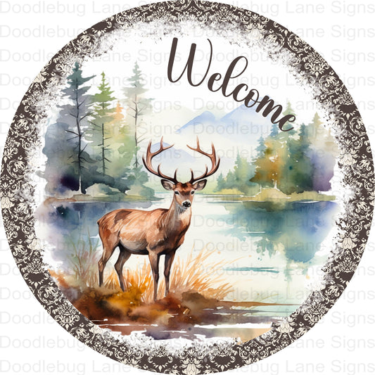 Welcome Wreath Sign - Deer Wreath Sign - Deer Welcome Sign - Round Wreath Sign - Metal Wreath Sign - Metal Door Hanger