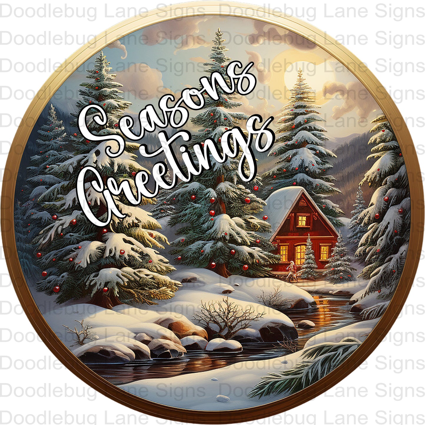 Seasons Greetings Wreath Sign - Winter Scenery - Winter Wreath Sign - Round Wreath Sign - Metal Wreath Sign