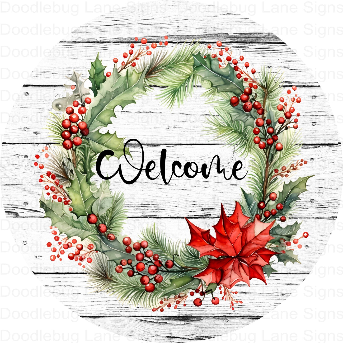 Welcome Wreath Sign-Faux Wood Christmas Sign-Christmas Wreath Sign-Christmas Floral-Round Wreath Sign-Metal Wreath Sign