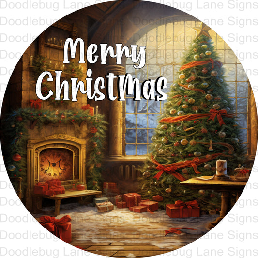 Merry Christmas Wreath Sign - Christmas Tree - Fireplace - Christmas Scene - Round Wreath Sign - Metal Wreath Sign