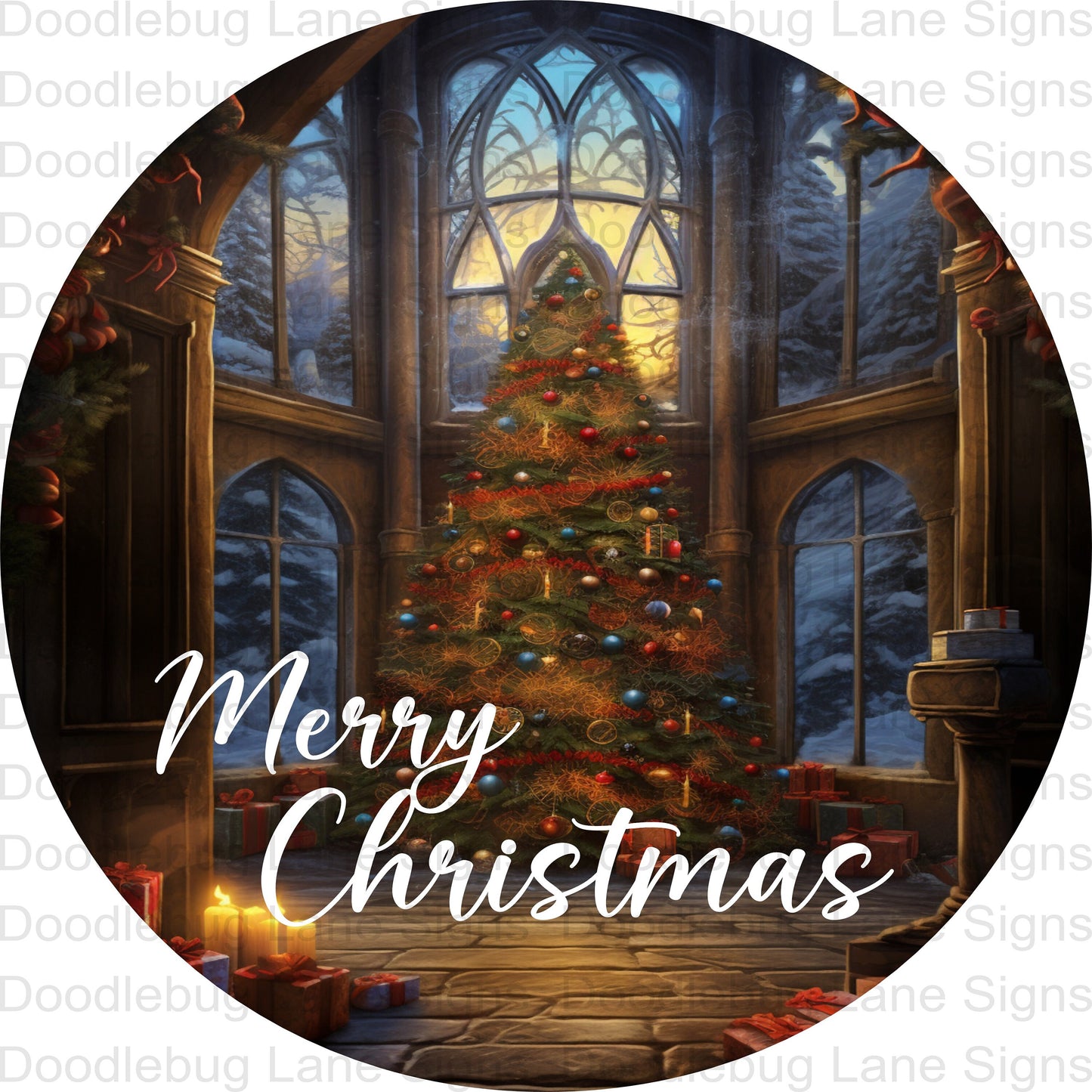 Merry Christmas Wreath Sign - Christmas Tree - Christmas Scene Sign - Round Wreath Sign - Metal Wreath Sign