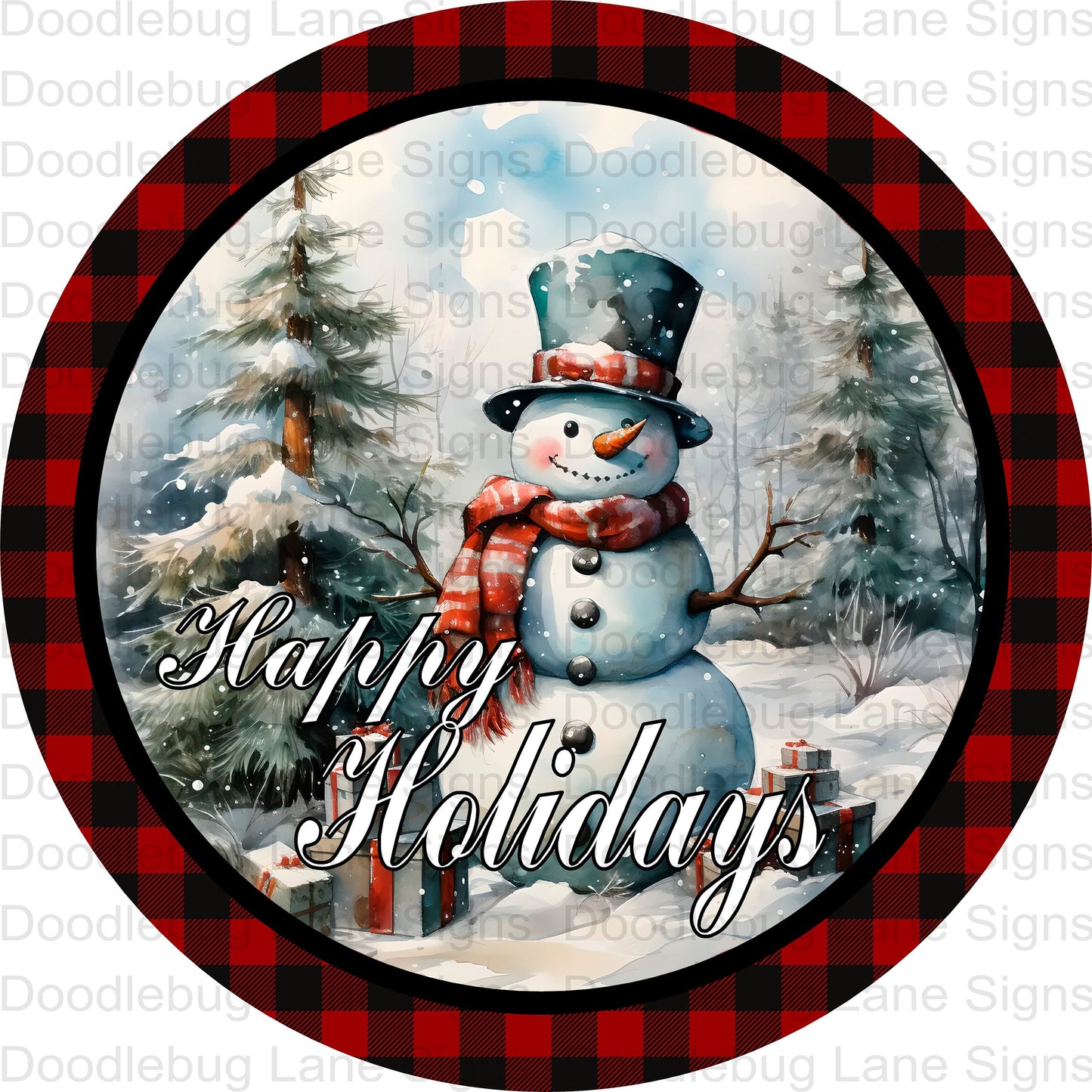 Red And Black Buffalo Plaid Happy Holidays Snowman Wreath Sign-Round Wreath Sign - Metal Wreath Sign - Christmas Sign