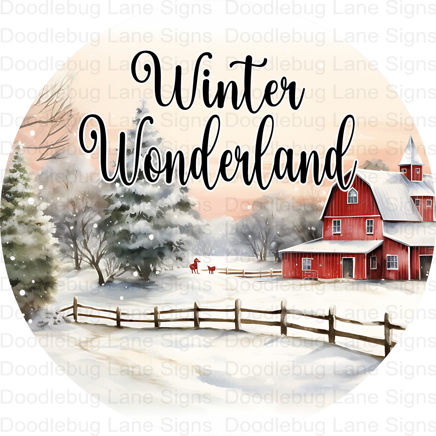 Winter Wonderland Wreath Sign - Metal Door Hanger - Winter Wreath Decor - Winter Farm Scene - Round Wreath Sign - Metal Wreath Sign