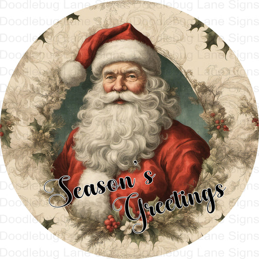 Season's Greetings Santa Wreath Sign - Christmas Wreath Decor - Santa Claus Wreath Sign - Round Wreath Sign - Metal Wreath Sign