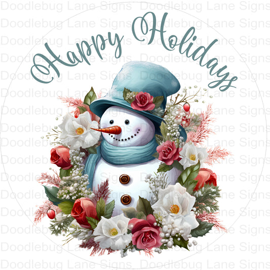 Happy Holidays Wreath Sign - Snowman Sign - Snowman Decor - Metal Door Hanger - Round Wreath Sign - Metal Wreath Signs