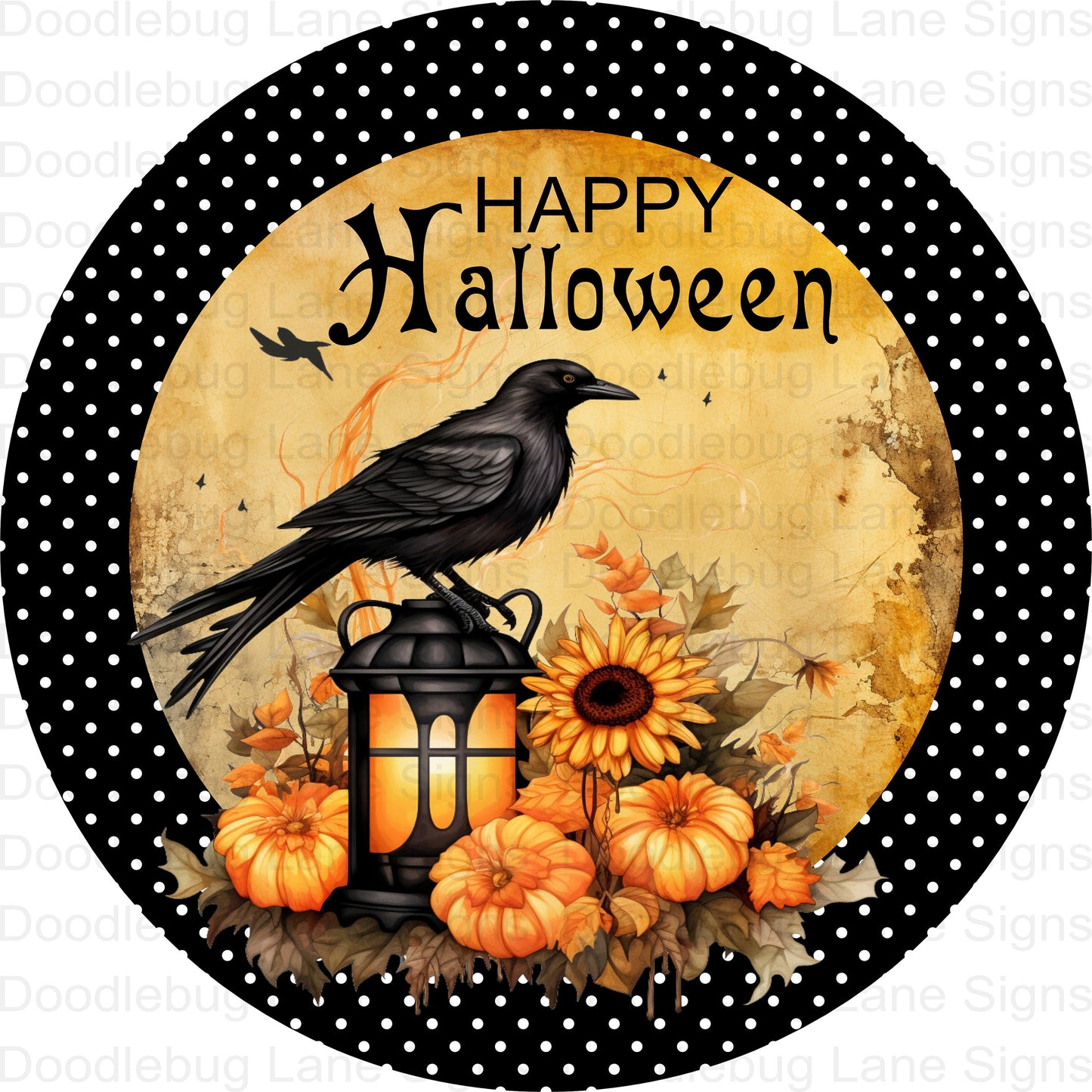 Happy Halloween Wreath Sign - Black Bird - Pumpkins And Sunflowers - Round Wreath Sign - Metal Wreath Sign - Halloween Wreath Decor