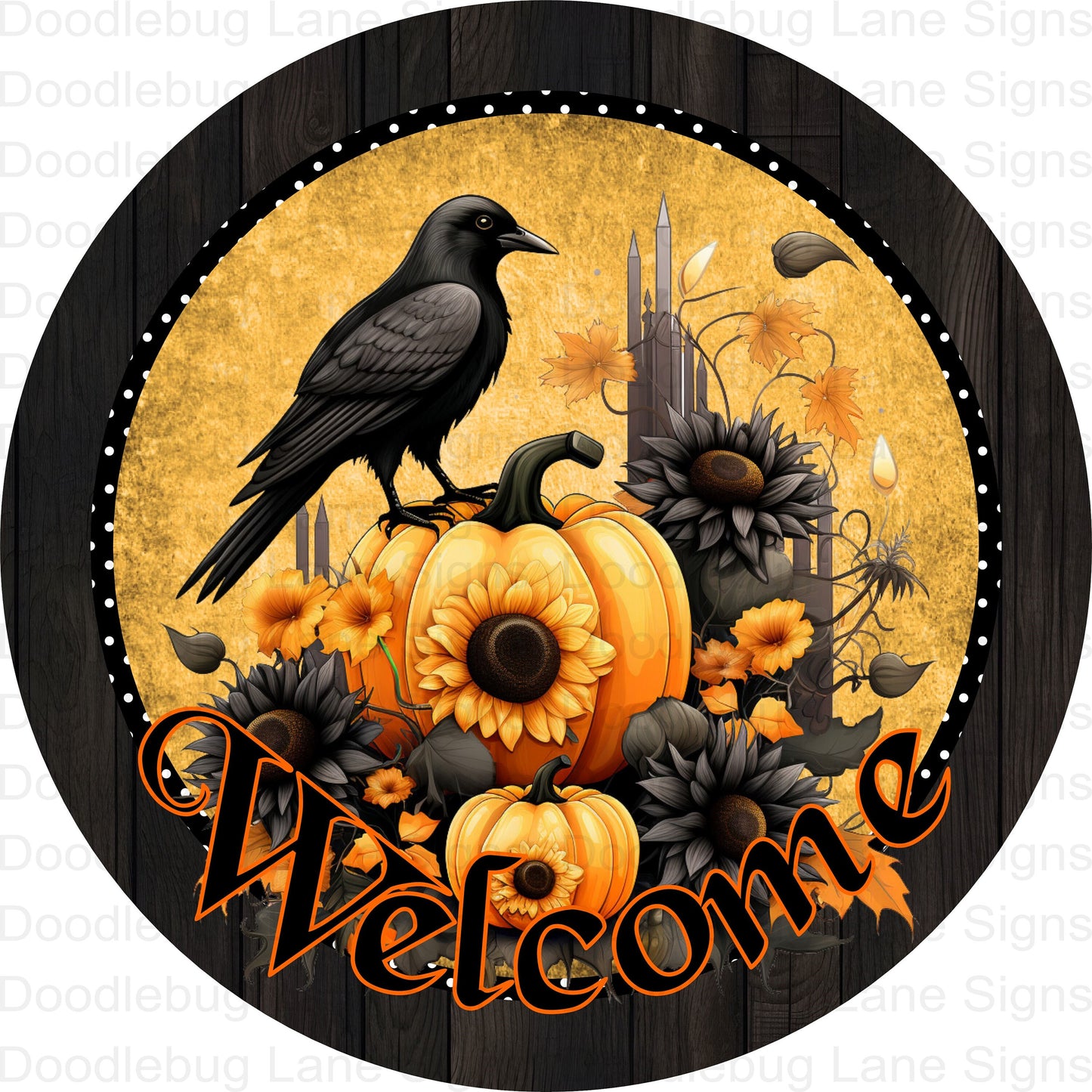 Welcome Halloween Wreath Sign - Orange And Black - Black Raven - Pumpkins And Sunflowers - Round Wreath Sign - Metal Wreath Sign