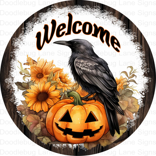 Welcome Wreath Sign - Blackbird-Raven-Pumpkins - Halloween Wreath Decor - Black And Orange - Round Wreath Signs - Metal Wreath Signs