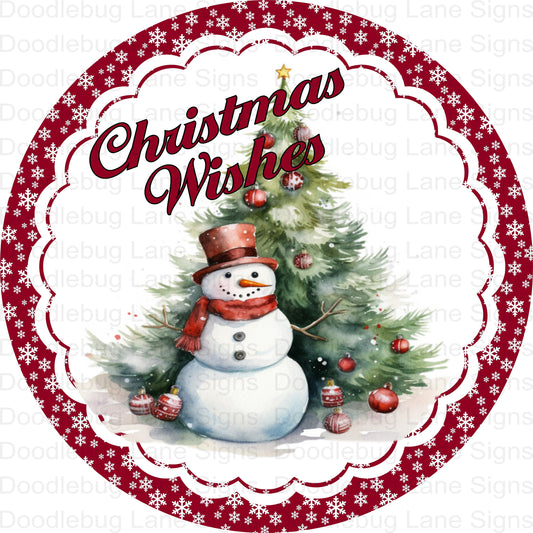 Christmas Wreath Sign - Christmas Wishes - Snowman Wreath Decor - Red And White Christmas Sign - Round Wreath Sign - Metal Wreath Sign