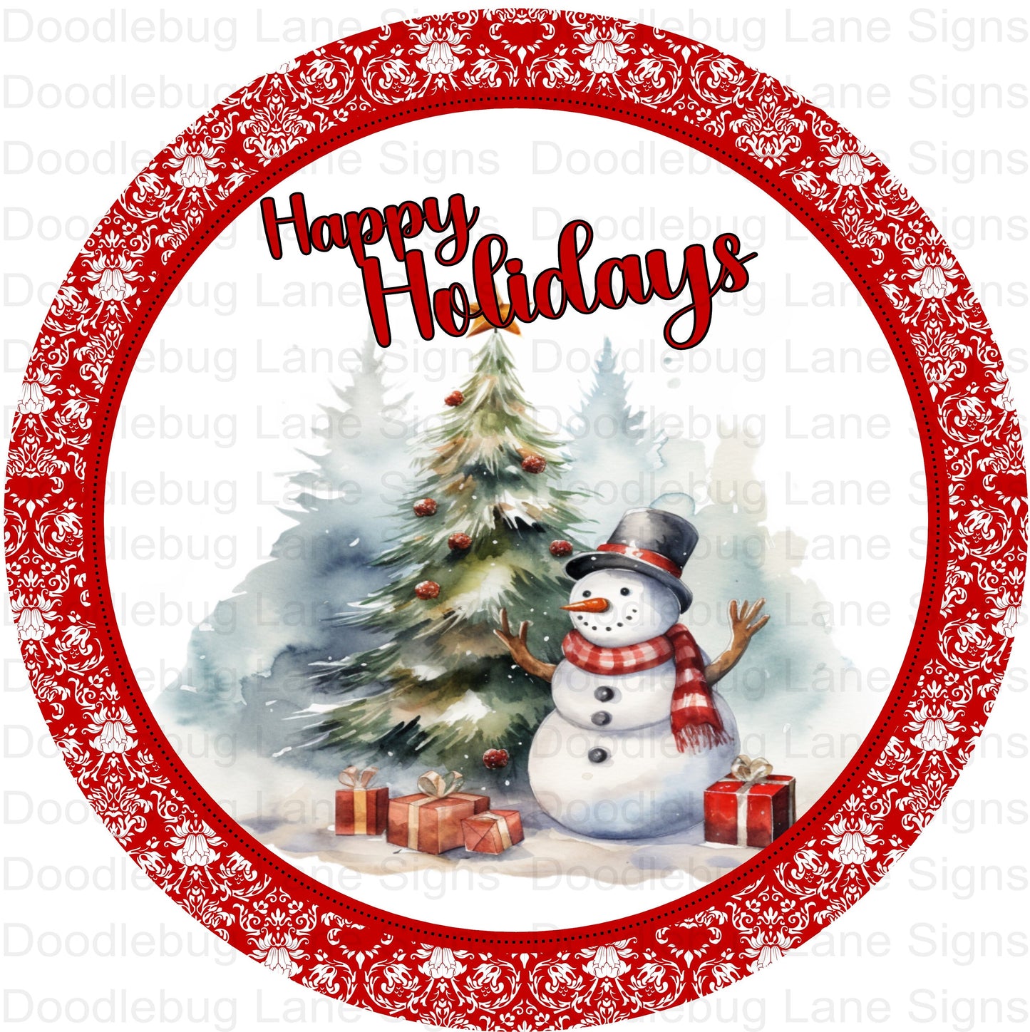 Happy Holidays Wreath Sign - Snowman Wreath Decor - Red And White Christmas Sign - Christmas Tree And Presents -Round Wreath Sign - Aluminum